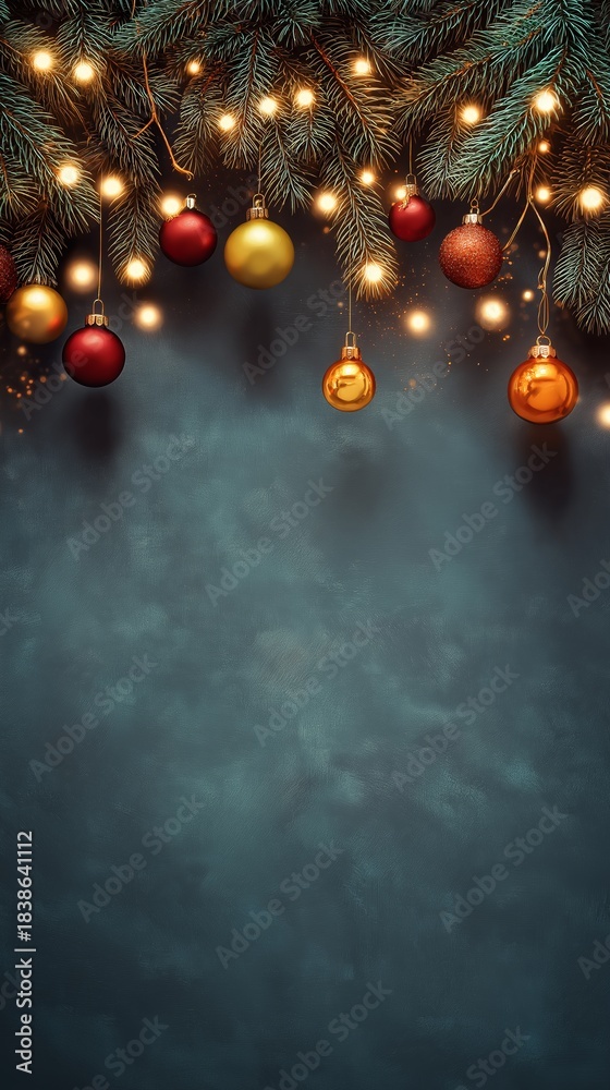 Fototapeta premium A Festive Display of Christmas Ornaments and Twinkling Lights Hanging from Pine Branches on a Dark Background