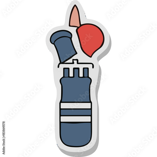 Illustration Of A Blowtorch With Flames Coming Out Of The Nozzle In Blue And Red Colors With A White Outline And Gray Shadow On A Black Background