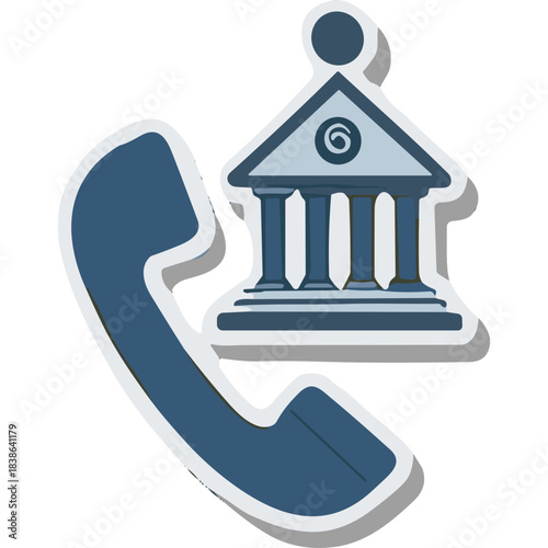 Illustration of a bank building icon paired with a classic telephone receiver symbol on a transparent background representing banking services and communication