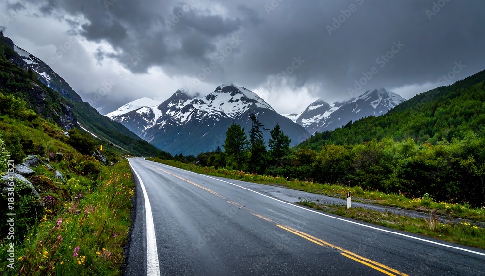 Fototapeta premium Scenic Road Through Mountain Landscape Under Stormy Skies.