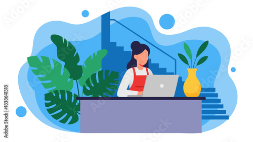 Woman Working On A Laptop At A Desk Surrounded By Lush Green Plants And Blue Abstract Shapes With Stairs In The Background In A Bright Well Lit Room