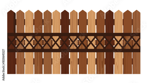 Wooden Picket Fence With Decorative Lattice Border In Varied Brown Tones And Wood Grain Texture Against Black Background Outdoor Exterior Element