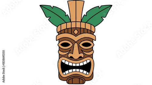 Wooden Tiki Mask Idol With Green Leaves And Open Mouth Against Black Background Tribal Art Culture Symbol Primitive Decor Island Style