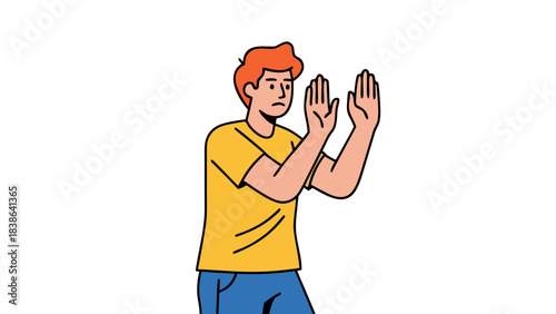 Worried Man With Red Hair Yellow Shirt Blue Jeans Stands With Palms Out In Front Of Black Background Defensive Gesture Fear Emotion Isolated Illustration
