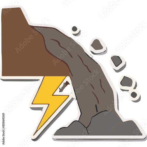 Illustration of a landslide with lightning strike symbolizing natural disaster and power symbol in brown gray and yellow colors against black background