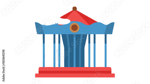 Vintage Carousel Pavilion With Red Base And Blue Canopy Adorned With Decorative Elements Under Dark Sky With Some White Clouds And Black Shadows