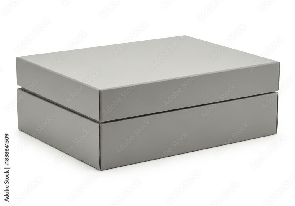 Fototapeta premium Rectangular gray packaging container with a lift-off lid rests on a white background.