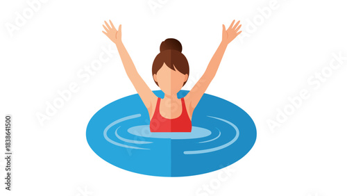 Woman In Red Swimsuit Swimming In Blue Water With Arms Raised In Celebration And Joyful Expression Surrounded By Ripples On A Sunny Day