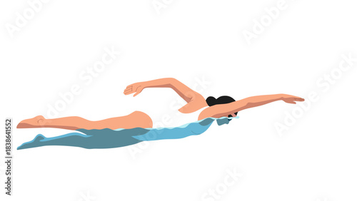 Woman Swimming Freestyle In A White One Piece Swimsuit In Blue Water With Black Background Pixelated Style