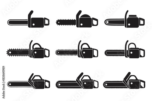 Collection of nine distinct chainsaw silhouettes in a grid pattern silhouette