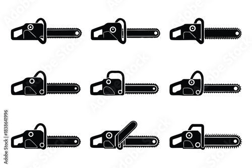 Collection of nine distinct chainsaw silhouettes in a grid pattern silhouette
