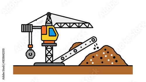 Yellow and Blue Construction Crane with Conveyor Belt Moving Soil and Debris on Brown Ground Realistic Vector Illustration
