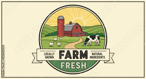 Farm fresh logo with a rural landscape and animals on a green field