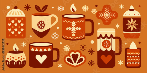 Cozy winter beverage collection featuring mugs candles and festive holiday decorations in warm tones