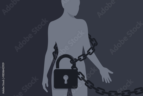 A silhouette of a person's torso with a heavy chain and padlock around their waist, symbolizing restriction and lack of freedom.