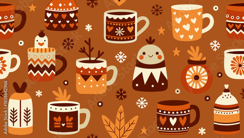 Seamless pattern of cozy winter mugs and cups with festive holiday decorations on brown background