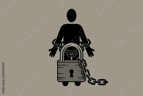 A black silhouette of a person chained and locked to a large padlock, symbolizing confinement and restriction.