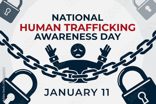 National Human Trafficking Awareness Day banner with chains, padlocks, and a silhouette of a person in distress.