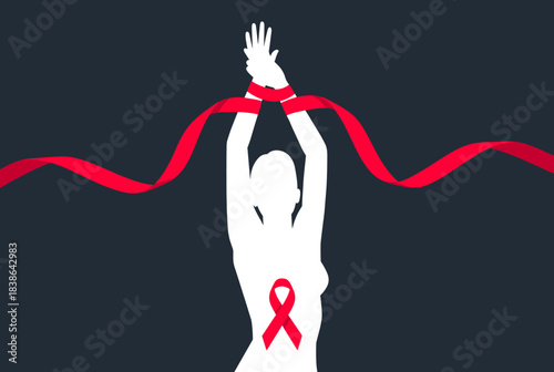 A silhouette of a woman with her hands tied by a red ribbon and an AIDS awareness ribbon on her stomach, symbolizing struggle.