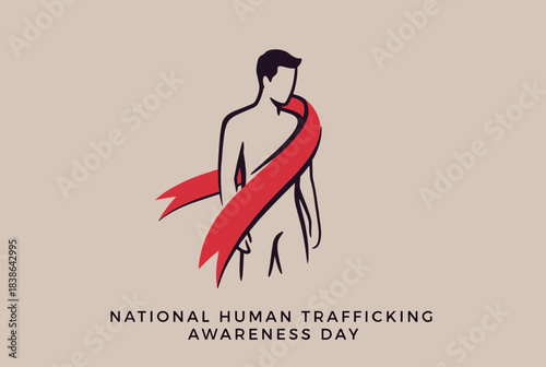A minimalist illustration for National Human Trafficking Awareness Day, featuring a shirtless male figure with a red ribbon.