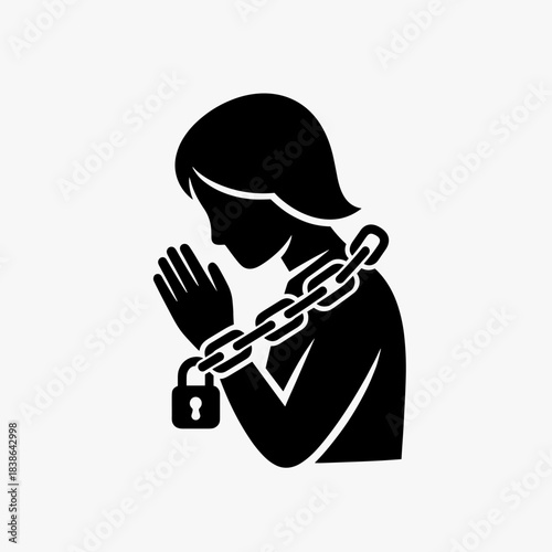 A black silhouette of a person with hands clasped in prayer, chained around the neck and body with a padlock, symbolizing captivity and spiritual bondage.