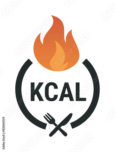 Kcal flame icon vector, stylized calorie symbol with fire and cutlery — stock vector