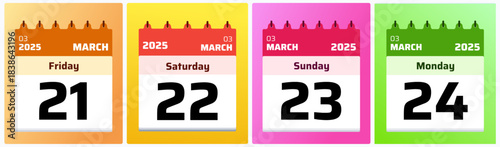 March 2025 daily calendar set in colorful flat style, ideal for planners, reminders, scheduling graphics, and modern date visuals. Calendar Dates Set 21, 22, 23 24 March 2025