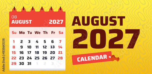 August 2027 calendar banner with clean grid layout and bold title, suitable for planner covers, calendar templates, and scheduling visuals