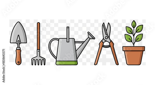 Gardening tools and plant on transparent background for design