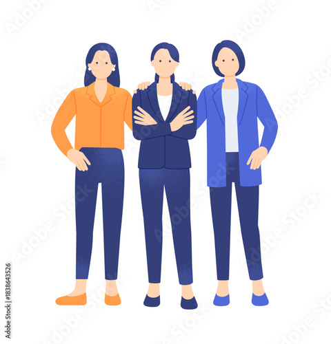 腕組みするリーダーを支える2人の女性 強い絆と信頼で結ばれた女性のプロジェクトチーム