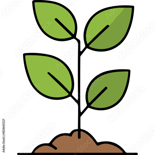 Illustration of a small green plant growing from rich brown soil against a plain dark background symbolizing growth and new beginnings in a simple flat design style