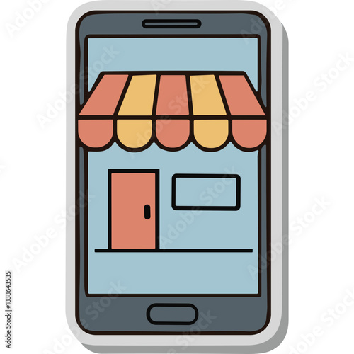 Illustration Of A Smartphone Displaying A Storefront With A Colorful Awning And Door Representing Online Shopping And ECommerce