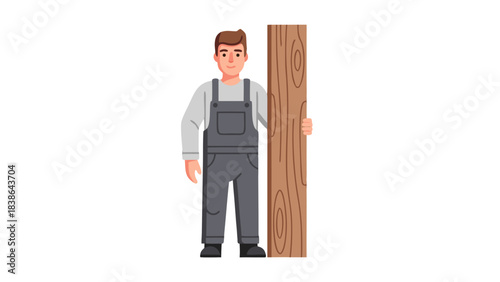 Young Man in Gray Overalls Holding a Tall Wooden Plank Against a Black Background