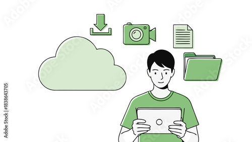 Young man holding a tablet computer with cloud storage icons and digital files floating above against a dark background symbolizing data management and technology