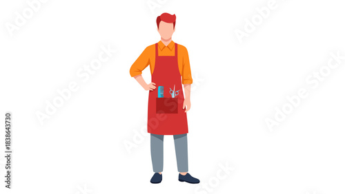 Young Man Standing Confidently Wearing Red Apron With Tools In Pocket And Orange Shirt With Gray Pants On Black Background