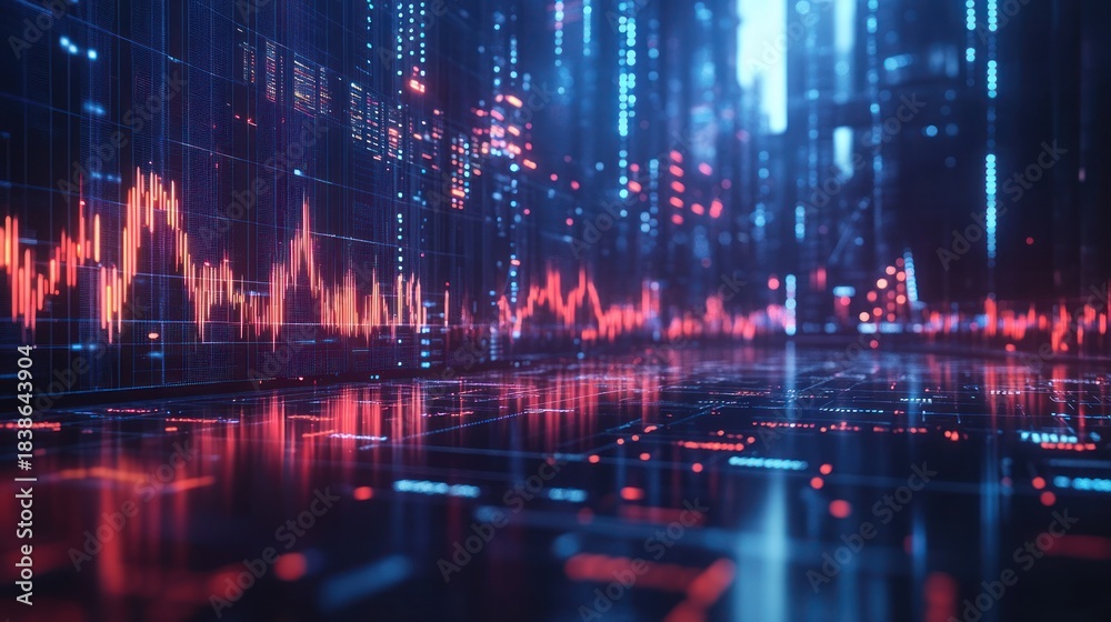 Fototapeta premium Stock market data visualized, city background, financial technology