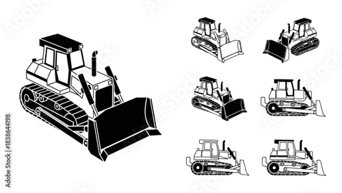 A set of black and white vector illustrations of a heavy construction bulldozer from multiple angles.