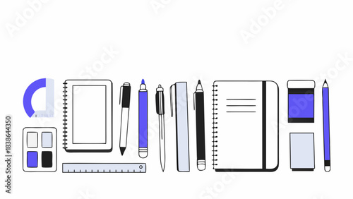 Set Illustration with Notebooks, Pens, Ruler, and Art Supplies