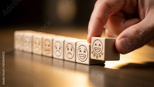 a hand selecting a wooden block with a smiling face symbolizing excellent customer satisfaction