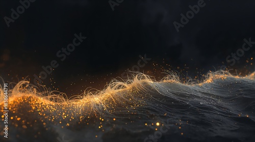 Abstract glowing wave with particles in dark water, ethereal fantasy
