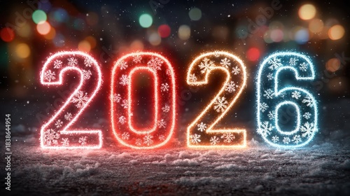 Sparkly 2026 New Year with Falling Snow & Holiday Lights, Happy new year 2026