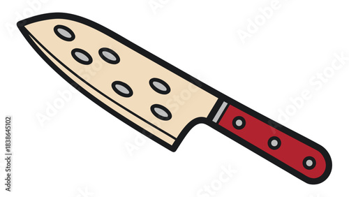A Cartoon Style Kitchen Knife With A Red Handle And Silver Circles On A Cream Colored Blade Set Against A Black Background