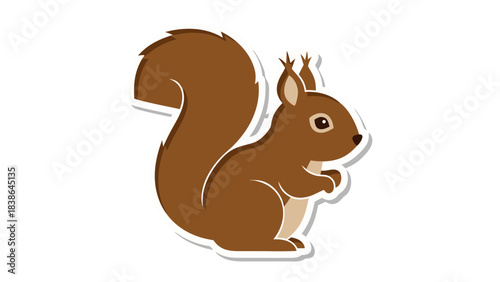 A cute cartoon brown squirrel with a fluffy tail stands on a black background with a white outline sticker effect its ears alert and eyes watchful in a simple illustration style