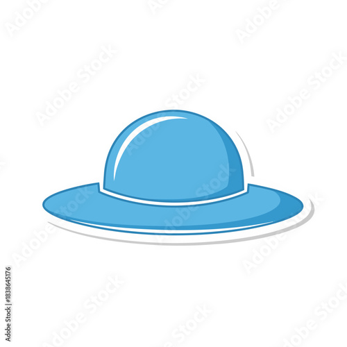 A light blue bucket hat with a white band casting subtle shadows on a clean white background, rendered in a cartoonish vector art style emphasizing simplicity and playful design elements