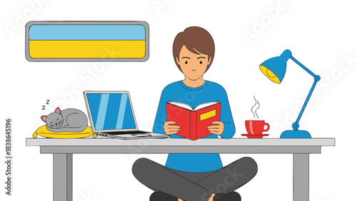 A Person Sits At A Desk Reading A Book With A Laptop A Cat And A Desk Lamp In A Room With A Ukrainian Flag Symbol Above The Desk