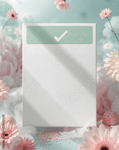 Blank white card with green checkmark and pastel flowers decoration