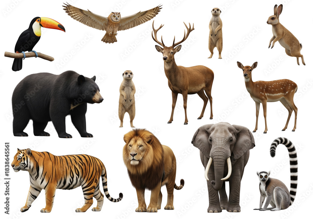 Fototapeta premium A collection of diverse wildlife animals arranged together