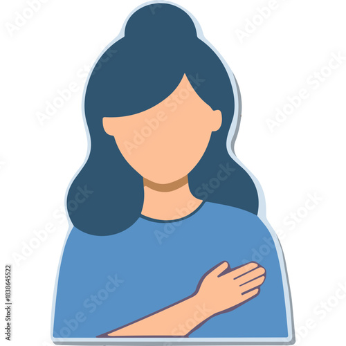 Illustration of a woman with long blue hair and blue shirt holding her chest with her hand showing pain or concern isolated on white background flat vector illustration