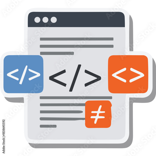 Illustration of Computer Code and Symbols on a Document with Various Tags and Operators Representing Software Development and Programming Concepts