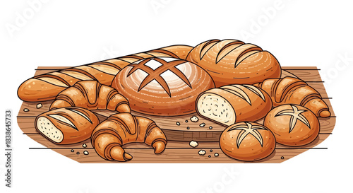 Assorted freshly baked bread on a wooden cutting board